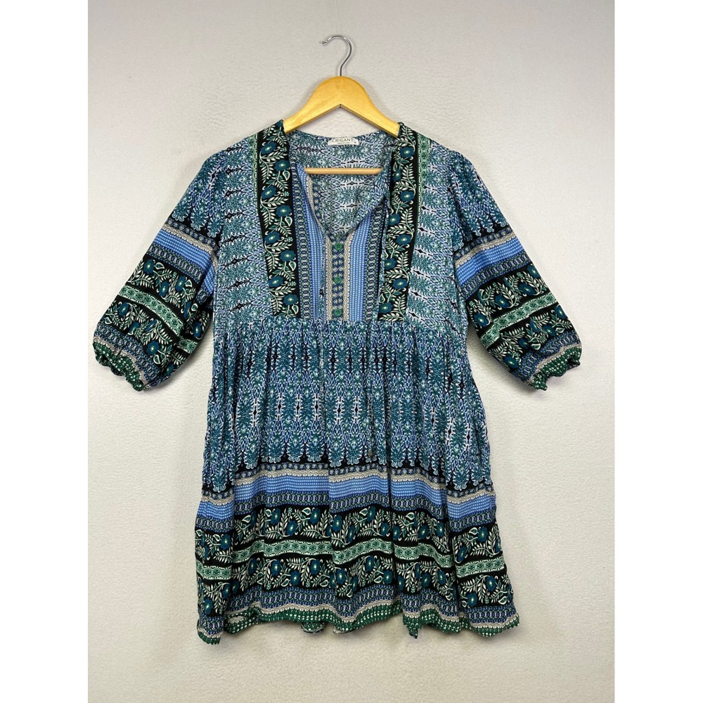 Boho Festival Chigant Women Medium Blue Green Paisley Floral Babydoll Mini Dress